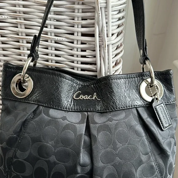 COACH Black Signature C Sateen Shoulder Bag with Creased Leather Trim - Picture 4 of 16